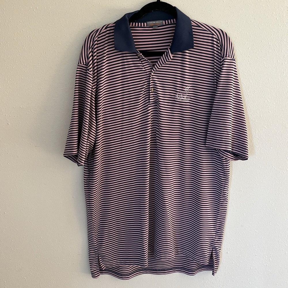 Peter Millar Summer Comfort Large Golf Polo Navy & Pink Striped Sanctuary Logo
